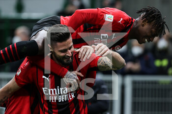 2022-02-09 - Olivier Giroud of AC Milan celebrates after scoring a goal with Rafael Leao of AC Milan during the Coppa Italia 2021/22 football match between AC Milan and SS Lazio at Giuseppe Meazza Stadium, Milan, Italy on February 09, 2022 - AC MILAN VS SS LAZIO - ITALIAN CUP - SOCCER