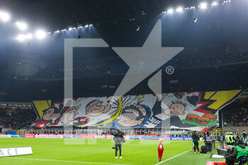 2022-03-01 - AC Milan fans choreography prior to kick off during the Coppa Italia 2021/22 football match between AC Milan and FC Internazionale at Giuseppe Meazza Stadium, Milan, Italy on March 01, 2022 - AC MILAN VS FC INTERNAZIONALE - ITALIAN CUP - SOCCER