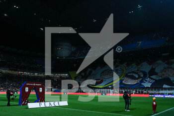 2022-03-01 - A placard for peace in Ukraine during the Coppa Italia 2021/22 football match between AC Milan and FC Internazionale at Giuseppe Meazza Stadium, Milan, Italy on March 01, 2022 - AC MILAN VS FC INTERNAZIONALE - ITALIAN CUP - SOCCER