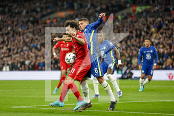 2022-02-27 - Mohamed Salah (11) of Liverpool tussles with Thiago Silva (6) of Chelsea during the English League Cup, Carabao Cup Final football match between Chelsea and Liverpool on February 27, 2022 at Wembley Stadium in London, England - FINAL - CHELSEA VS LIVERPOOL - ENGLISH LEAGUE CUP - SOCCER