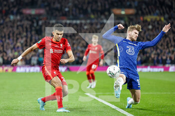 2022-02-27 - Timo Werner (11) of Chelsea tries to block the shot from Luis Diaz (23) of Liverpool during the English League Cup, Carabao Cup Final football match between Chelsea and Liverpool on February 27, 2022 at Wembley Stadium in London, England - FINAL - CHELSEA VS LIVERPOOL - ENGLISH LEAGUE CUP - SOCCER
