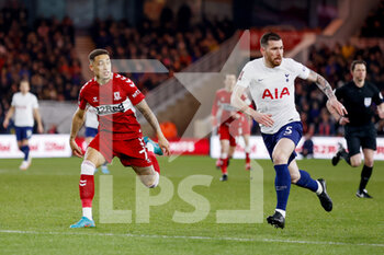 2022-03-01 - Middlesbrough midfielder Marcus Tavernier (7) and Tottenham Hotspur midfielder Pierre-Emile Hojbjerg (5) during the English FA Cup football match between Middlesbrough and Tottenham Hotspur on March 1, 2022 at the Riverside Stadium in Middlesbrough, England - MIDDLESBROUGH VS TOTTENHAM HOTSPUR - ENGLISH LEAGUE CUP - SOCCER