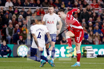2022-03-01 - Middlesbrough forward Andraz Sporar (11) shot is blocked during the English FA Cup football match between Middlesbrough and Tottenham Hotspur on March 1, 2022 at the Riverside Stadium in Middlesbrough, England - MIDDLESBROUGH VS TOTTENHAM HOTSPUR - ENGLISH LEAGUE CUP - SOCCER