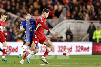 2022-03-19 - Matt Crooks (25) of Middlesbrough battles with Mateo Kovacic (8) of Chelsea during the English FA Cup, quarters-final football match between Middlesbrough and Chelsea on March 19, 2022 at the Riverside Stadium in Middlesbrough, England - MIDDLESBROUGH VS CHELSEA - ENGLISH LEAGUE CUP - SOCCER