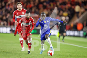 2022-03-19 - Ngolo Kante (7) of Chelsea battles with Isaiah Jones (35) of Middlesbrough during the English FA Cup, quarters-final football match between Middlesbrough and Chelsea on March 19, 2022 at the Riverside Stadium in Middlesbrough, England - MIDDLESBROUGH VS CHELSEA - ENGLISH LEAGUE CUP - SOCCER