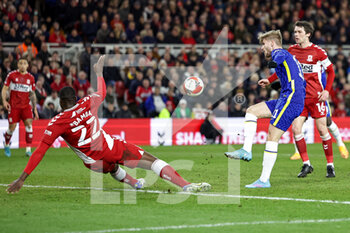 2022-03-19 - Timo Werner (11) of Chelsea shoots towards the goal during the English FA Cup, quarters-final football match between Middlesbrough and Chelsea on March 19, 2022 at the Riverside Stadium in Middlesbrough, England - MIDDLESBROUGH VS CHELSEA - ENGLISH LEAGUE CUP - SOCCER
