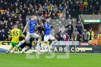 2022-01-15 - Adam Idah (35) of Norwich City scores a goal 2-0 during the English championship Premier League football match between Norwich City and Everton on January 15, 2022 at Carrow Road in Norwich, England - NORWICH CITY VS EVERTON - ENGLISH PREMIER LEAGUE - SOCCER