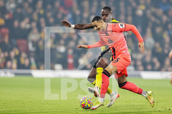 2022-01-21 - Adam Idah (35) of Norwich City and Moussa Sissoko (19) of Watford during the English championship Premier League football match between Watford and Norwich City on January 21, 2022 at Vicarage Road in Watford, England - WATFORD VS NORWICH CITY - ENGLISH PREMIER LEAGUE - SOCCER