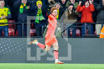 2022-01-21 - Josh Sargent (24) of Norwich City celebrates his goal 0-2 during the English championship Premier League football match between Watford and Norwich City on January 21, 2022 at Vicarage Road in Watford, England - WATFORD VS NORWICH CITY - ENGLISH PREMIER LEAGUE - SOCCER