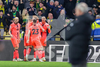 2022-01-21 - Josh Sargent (24) of Norwich City celebrates his goal 0-2 with teammates during the English championship Premier League football match between Watford and Norwich City on January 21, 2022 at Vicarage Road in Watford, England - WATFORD VS NORWICH CITY - ENGLISH PREMIER LEAGUE - SOCCER