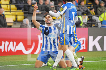2022-02-12 - Brighton and Hove Albion forward Neal Maupay (9) scores 0-1 and celebrates during the English championship Premier League football match between Watford and Brighton and Hove Albion on February 12, 2022 at Vicarage Road in Watford, England - WATFORD VS BRIGHTON AND HOVE ALBION - ENGLISH PREMIER LEAGUE - SOCCER