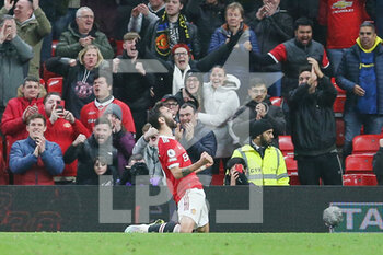 2022-02-16 - Manchester United Midfielder Bruno Fernandes (18) celebrates his goal 2-0 during the English championship Premier League football match between Manchester United and Brighton and Hove Albion on February 15, 2022 at Old Trafford in Manchester, England - MANCHESTER UNITED VS BRIGHTON AND HOVE ALBION - ENGLISH PREMIER LEAGUE - SOCCER