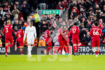 2022-02-23 - Liverpool forward Mohamed Salah (11) scores from the penalty spot and celebrates to make the score 3-0 during the English championship Premier League football match between Liverpool and Leeds United on February 23, 2022 at Anfield stadium in Liverpool, England - LIVERPOOL VS LEEDS UNITED - ENGLISH PREMIER LEAGUE - SOCCER