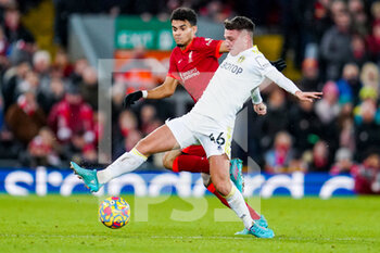 2022-02-23 - Leeds United midfielder Jamie Shackleton (46) tackles Liverpool forward Luis Diaz (23) during the English championship Premier League football match between Liverpool and Leeds United on February 23, 2022 at Anfield stadium in Liverpool, England - LIVERPOOL VS LEEDS UNITED - ENGLISH PREMIER LEAGUE - SOCCER