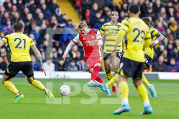 2022-03-06 - Martin Odegaard (8) of Arsenal scores a goal 0-1 during the English championship Premier League football match between Watford and Arsenal on March 6, 2022 at Vicarage Road in Watford, England - WATFORD VS ARSENAL - ENGLISH PREMIER LEAGUE - SOCCER
