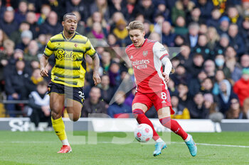 2022-03-06 - Martin Odegaard (8) of Arsenal during the English championship Premier League football match between Watford and Arsenal on March 6, 2022 at Vicarage Road in Watford, England - WATFORD VS ARSENAL - ENGLISH PREMIER LEAGUE - SOCCER