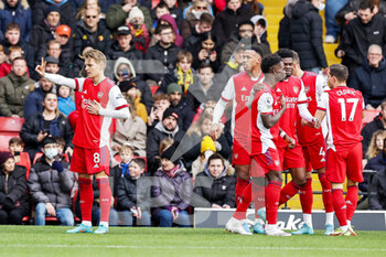 2022-03-06 - Martin Odegaard (8) of Arsenal celebrates his goal 0-1 during the English championship Premier League football match between Watford and Arsenal on March 6, 2022 at Vicarage Road in Watford, England - WATFORD VS ARSENAL - ENGLISH PREMIER LEAGUE - SOCCER