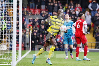 2022-03-06 - Moussa Sissoko (19) of Watford celebrates his goal 2-3 during the English championship Premier League football match between Watford and Arsenal on March 6, 2022 at Vicarage Road in Watford, England - WATFORD VS ARSENAL - ENGLISH PREMIER LEAGUE - SOCCER