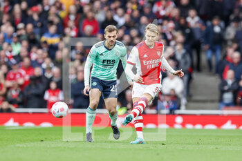 2022-03-13 - Martin Odegaard (8) of Arsenal and Kiernan Dewsbury-Hall of Leicester City during the English championship Premier League football match between Arsenal and Leicester City on March 13, 2022 at the Emirates Stadium in London, England - ARSENAL VS LEICESTER CITY - ENGLISH PREMIER LEAGUE - SOCCER