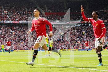 2022-04-17 - Manchester United Forward Cristiano Ronaldo (7) celebrates his goal 1-0 during the English championship Premier League football match between Manchester United and Norwich City on April 16, 2022 at Old Trafford in Manchester, England - MANCHESTER UNITED VS NORWICH CITY - ENGLISH PREMIER LEAGUE - SOCCER