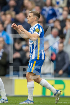 2022-05-07 - Brighton and Hove Albion midfielder Leandro Trossard (11) celebrates his goal 4-0 during the English championship Premier League football match between Brighton and Hove Albion and Manchester United on May 7, 2022 at the American Express Community Stadium in Brighton and Hove, England - BRIGHTON AND HOVE ALBION VS MANCHESTER UNITED - ENGLISH PREMIER LEAGUE - SOCCER