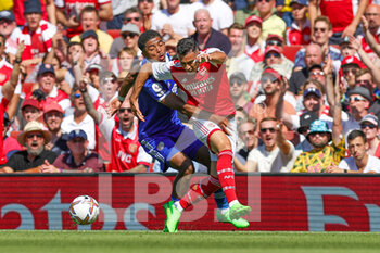 2022-08-13 - Gabriel Martinelli (11) of Arsenal Is held by Wesley Fofana (3) of Leicester City during the English championship Premier League football match between Arsenal and Leicester City on August 13, 2022 at the Emirates Stadium in London, England - FOOTBALL - ENGLISH CHAMP - ARSENAL V LEICESTER - ENGLISH PREMIER LEAGUE - SOCCER