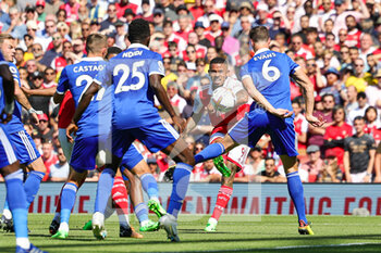 2022-08-13 - Gabriel Jesus (9) of Arsenal scores a goal 1-0 during the English championship Premier League football match between Arsenal and Leicester City on August 13, 2022 at the Emirates Stadium in London, England - FOOTBALL - ENGLISH CHAMP - ARSENAL V LEICESTER - ENGLISH PREMIER LEAGUE - SOCCER
