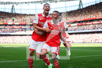 2022-08-13 - Gabriel Jesus (9) of Arsenal scores a goal and celebrates 2-0 with William Saliba during the English championship Premier League football match between Arsenal and Leicester City on August 13, 2022 at the Emirates Stadium in London, England - FOOTBALL - ENGLISH CHAMP - ARSENAL V LEICESTER - ENGLISH PREMIER LEAGUE - SOCCER