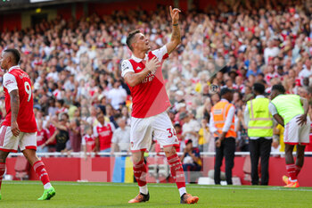 2022-08-13 - Granit Xhaka (34) of Arsenal celebrates his goal 3-1 during the English championship Premier League football match between Arsenal and Leicester City on August 13, 2022 at the Emirates Stadium in London, England - FOOTBALL - ENGLISH CHAMP - ARSENAL V LEICESTER - ENGLISH PREMIER LEAGUE - SOCCER