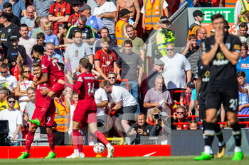 2022-08-27 - Liverpool's forward Roberto Firmino scores and celebrates 4-0 during the English championship Premier League football match between Liverpool and Bournemouth on August 27, 2022 at Anfield in Liverpool, England - FOOTBALL - ENGLISH CHAMP - LIVERPOOL V BOURNEMOUTH - ENGLISH PREMIER LEAGUE - SOCCER
