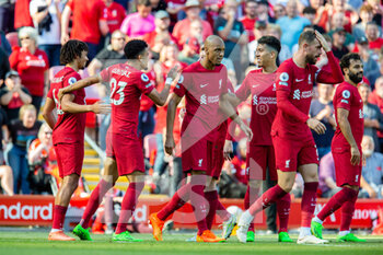 2022-08-27 - Liverpool players celebrate Bournemouth's defender Chris Mepham own goal 6-0 during the English championship Premier League football match between Liverpool and Bournemouth on August 27, 2022 at Anfield in Liverpool, England - FOOTBALL - ENGLISH CHAMP - LIVERPOOL V BOURNEMOUTH - ENGLISH PREMIER LEAGUE - SOCCER