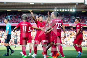 2022-08-27 - Liverpool's midfielder Fabio Carvalho (28) scores and celebrates 8-0 during the English championship Premier League football match between Liverpool and Bournemouth on August 27, 2022 at Anfield in Liverpool, England - FOOTBALL - ENGLISH CHAMP - LIVERPOOL V BOURNEMOUTH - ENGLISH PREMIER LEAGUE - SOCCER