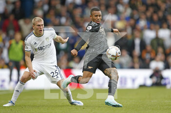 2022-10-16 - Arsenal forward Gabriel Jesus (9) clears the ball from Leeds defender Rasmus Kristensen during the English championship Premier League football match between Leeds United and Arsenal on October 16, 2022 at Elland Road in Leeds, England - FOOTBALL - ENGLISH CHAMP - LEEDS V ARSENAL - ENGLISH PREMIER LEAGUE - SOCCER