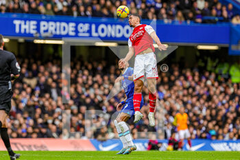 2022-11-06 - William Saliba (12) of Arsenal heads the ball, Pierre-Emerick Aubameyang (9) of Chelsea during the English championship Premier League football match between Chelsea and Arsenal on November 5, 2022 at Stamford Bridge in London, England - FOOTBALL - ENGLISH CHAMP - CHELSEA V ARSENAL - ENGLISH PREMIER LEAGUE - SOCCER