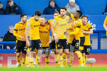 2022-12-26 - Wolves Daniel Podence celebrates with his team mates after he scores the equalising goal 1-1 during the English championship Premier League football match between Everton and Wolverhampton Wanderers on December 26, 2022 at Goodison Park in Liverpool, England - FOOTBALL - ENGLISH CHAMP - EVERTON V WOLVERHAMPTON - ENGLISH PREMIER LEAGUE - SOCCER