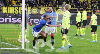 2022-02-17 - Alfredo Morelos of Rangers celebrates after his goal 0-2 with Connor Goldson during the UEFA Europa League, Play-off, 1st leg football match between Borussia Dortmund and Glasgow Rangers on February 17, 2022 at Signal Iduna Park in Dortmund, Germany - BORUSSIA DORTMUND VS GLASGOW RANGERS - UEFA EUROPA LEAGUE - SOCCER