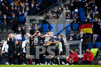 2022-02-24 - Players of RB Leipzig celebrate after scoring goal during the UEFA Europa League, Play-off, 2nd leg football match between Real Sociedad and RB Leipzig on February 24, 2022 at Anoeta stadium in San Sebastian, Spain - REAL SOCIEDAD VS RB LEIPZIG - UEFA EUROPA LEAGUE - SOCCER