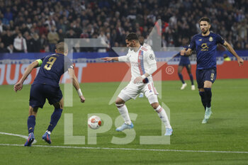 2022-03-17 - Houssem AOUAR of Lyon and PEPE of Porto and PEPE of Porto during the UEFA Europa League, Round of 16, 2nd leg football match between Olympique Lyonnais (Lyon) and FC Porto on March 17, 2022 at Groupama stadium in Decines-Charpieu near Lyon, France - OLYMPIQUE LYONNAIS (LYON, OL) VS FC PORTO - UEFA EUROPA LEAGUE - SOCCER