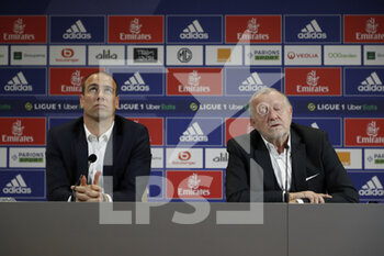 2022-04-14 - Jean-Michel AULAS President of Lyon and Bruno CHEYROU of Lyon during the UEFA Europa League, Quarter-finals, 2nd leg football match between Olympique Lyonnais (Lyon) and West Ham United on April 14, 2022 at Groupama stadium in Decines-Charpieu near Lyon, France - OLYMPIQUE LYONNAIS (LYON) VS WEST HAM UNITED - UEFA EUROPA LEAGUE - SOCCER