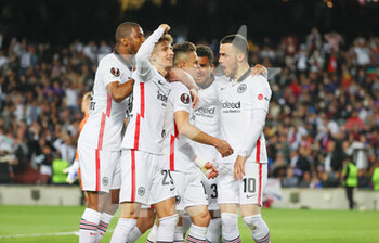 2022-04-14 - Rafael Borre of Frankfurt celebrates his goal 0-2 with teammates during the UEFA Europa League, Quarter-finals, 2nd leg football match between FC Barcelona and Eintracht Frankfurt on April 14, 2022 at Camp Nou stadium in Barcelona, Spain - FC BARCELONA VS EINTRACHT FRANKFURT - UEFA EUROPA LEAGUE - SOCCER