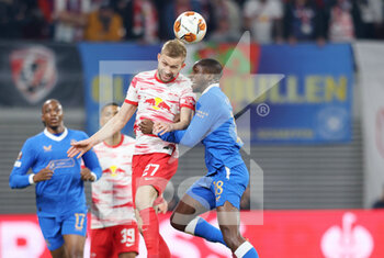 2022-04-28 - Konrad Laimer of RB Leipzig and Glen Kamara of Rangers FC during the UEFA Europa League, Semi-finals, 1st leg football match between RB Leipzig and Rangers FC on April 28, 2022 at the Red Bull Arena in Leipzig, Germany - RB LEIPZIG VS RANGERS FC - UEFA EUROPA LEAGUE - SOCCER
