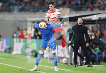 2022-04-28 - Connor Goldson of Rangers FC and Dominik Szoboszlai of RB Leipzig during the UEFA Europa League, Semi-finals, 1st leg football match between RB Leipzig and Rangers FC on April 28, 2022 at the Red Bull Arena in Leipzig, Germany - RB LEIPZIG VS RANGERS FC - UEFA EUROPA LEAGUE - SOCCER