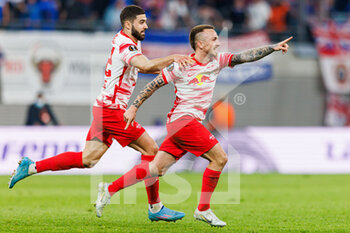 2022-04-28 - Jose Tasende "Angelino" (RB Leipzig) celebrates after his goal 1-0 with Josko Gvardiol during the UEFA Europa League, Semi-finals, 1st leg football match between RB Leipzig and Rangers FC on April 28, 2022 at the Red Bull Arena in Leipzig, Germany - RB LEIPZIG VS RANGERS FC - UEFA EUROPA LEAGUE - SOCCER