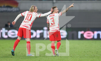 2022-04-28 - Jose Tasende "Angelino" (RB Leipzig) celebrates after his goal 1-0 with Emil Forsberg during the UEFA Europa League, Semi-finals, 1st leg football match between RB Leipzig and Rangers FC on April 28, 2022 at the Red Bull Arena in Leipzig, Germany - RB LEIPZIG VS RANGERS FC - UEFA EUROPA LEAGUE - SOCCER