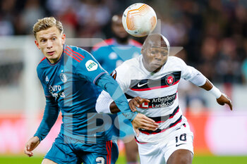 2022-10-06 - Marcus Holmgren Pedersen of Feyenoord, Edward Chilufya of Midtjylland during the UEFA Europa League, Group F football match between FC Midtjylland and Feyenoord on October 6, 2022 at Messecenter Herning Arena in Herning, Denmark - FOOTBALL - EUROPA LEAGUE - MIDTJYLLAND V FEYENOORD - UEFA EUROPA LEAGUE - SOCCER