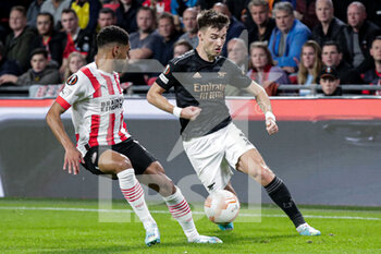 2022-10-27 - Phillipp Mwene of PSV Eindhoven, Kieran Tierney of Arsenal during the UEFA Europa League, Group A football match between PSV Eindhoven and Arsenal FC on October 27, 2022 at Philips Stadion in Eindhoven, Netherlands - FOOTBALL - EUROPA LEAGUE - PSV V ARSENAL - UEFA EUROPA LEAGUE - SOCCER