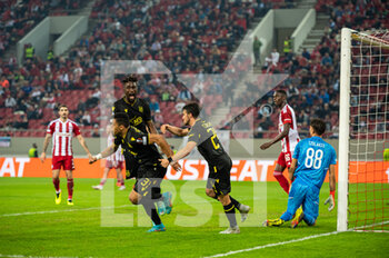 2022-11-03 - Players of FC Nantes celebrating a goal during the UEFA Europa League group G match between Olympiacos FC v FC Nantes at the Karaiskakis Stadium on November 3, 2022 in Athens, Greece. - OLYMPIACOS VS NANTES - UEFA EUROPA LEAGUE - SOCCER