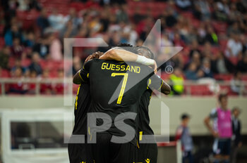 2022-11-03 - Players of FC Nantes celebrating a goal during the UEFA Europa League group G match between Olympiacos FC v FC Nantes at the Karaiskakis Stadium on November 3, 2022 in Athens, Greece. - OLYMPIACOS VS NANTES - UEFA EUROPA LEAGUE - SOCCER