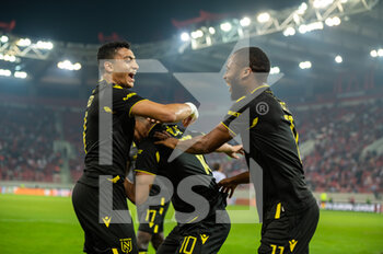 2022-11-03 - Players of FC Nantes celebrating a goal during the UEFA Europa League group G match between Olympiacos FC v FC Nantes at the Karaiskakis Stadium on November 3, 2022 in Athens, Greece - OLYMPIACOS VS NANTES - UEFA EUROPA LEAGUE - SOCCER