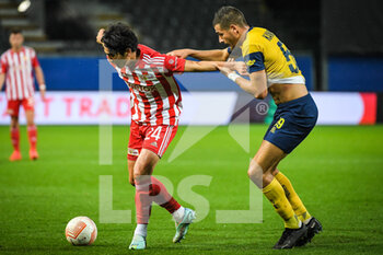 2022-11-03 - Genki HARAGUCHI of Union Berlin and Ismael KANDOUSS of Royale Union Saint Gilloise during the UEFA Europa League, Group D football match between Royale Union Saint-Gilloise and 1. FC Union Berlin on November 3, 2022 at King Power at Den Dreef in Leuven, Belgium - FOOTBALL - EUROPA LEAGUE - UNION SAINT GILLOISE V UNION BERLIN - UEFA EUROPA LEAGUE - SOCCER